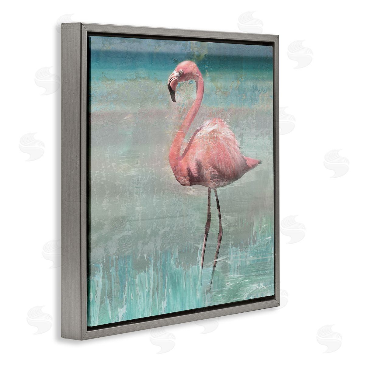 Nan Tropical Flamingo Standing Collage Gray Floating Frame Canvas Wall Art Print