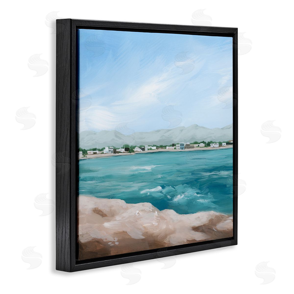 Grace Popp Waterfront Town Ocean Scenery Black Floating Frame Canvas Wall Art Print