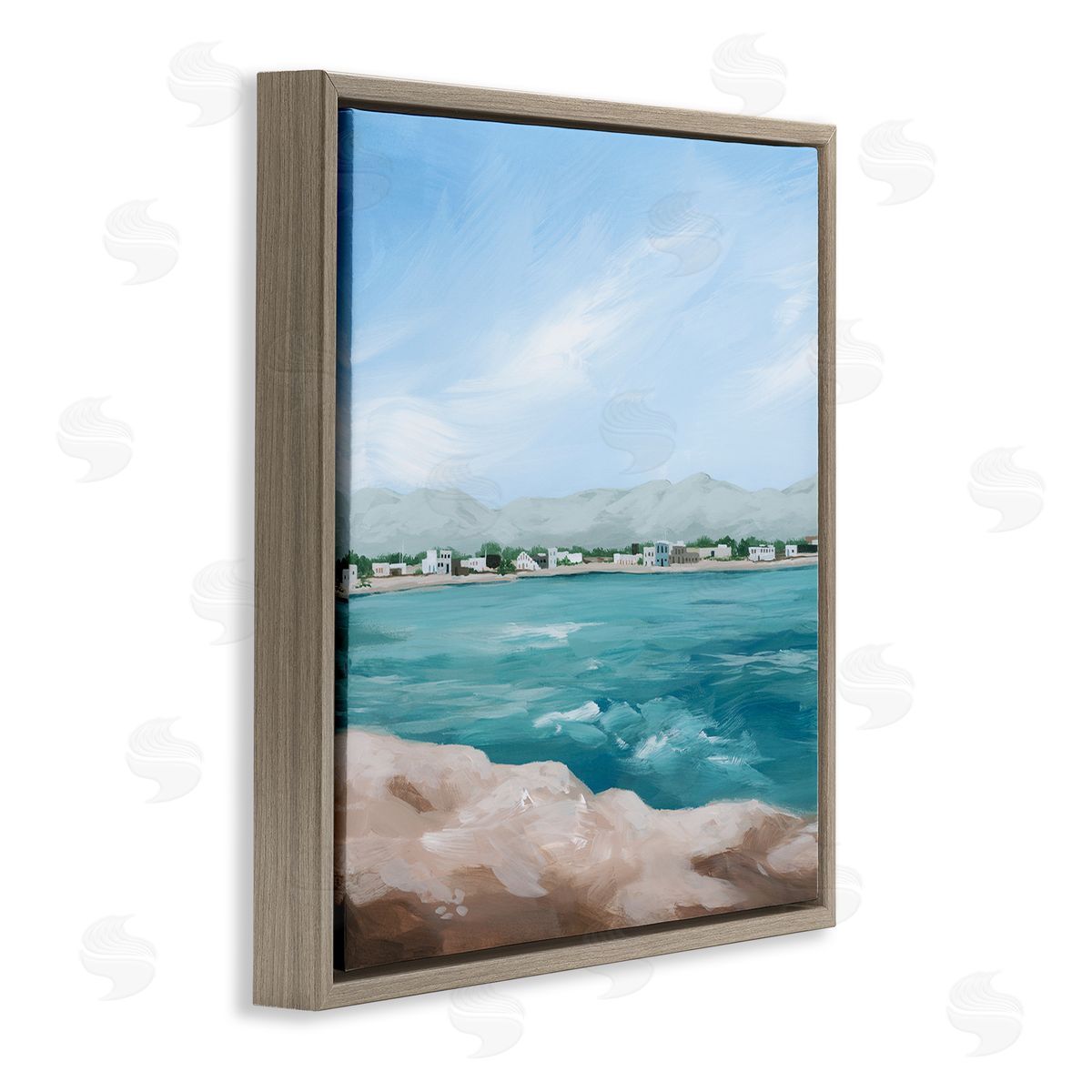 Grace Popp Waterfront Town Ocean Scenery Brown Floating Frame Canvas Wall Art Print