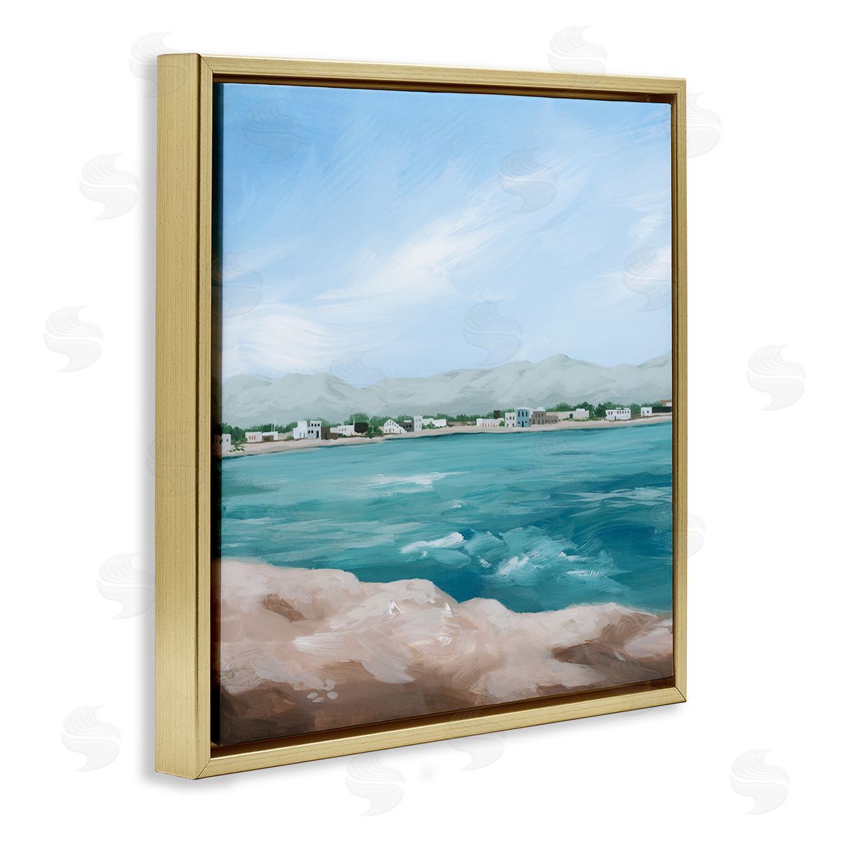 Grace Popp Waterfront Town Ocean Scenery Gold Floating Frame Canvas Wall Art Print