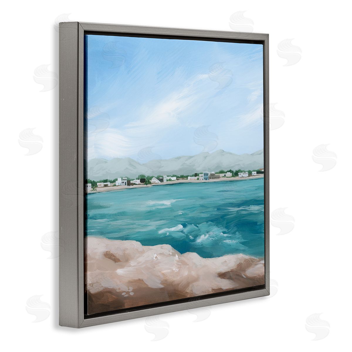 Grace Popp Waterfront Town Ocean Scenery Gray Floating Frame Canvas Wall Art Print