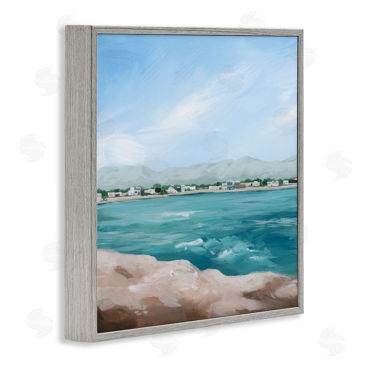Grace Popp Waterfront Town Ocean Scenery Gray Framed Glicee Wall Art Print