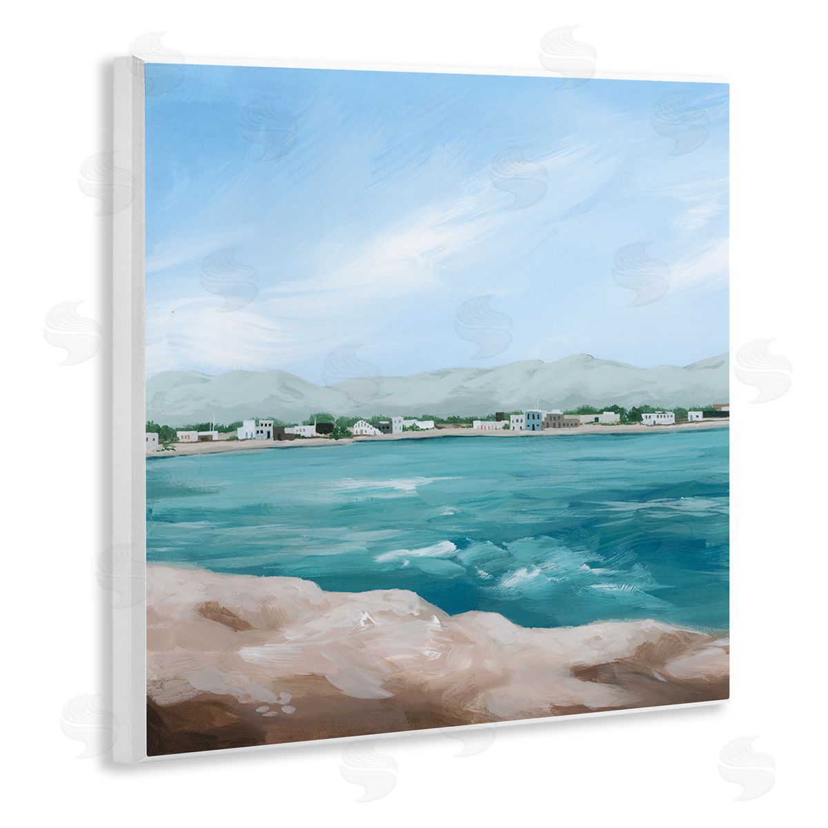 Grace Popp Waterfront Town Ocean Scenery Wooden Wall Plaque Art Print