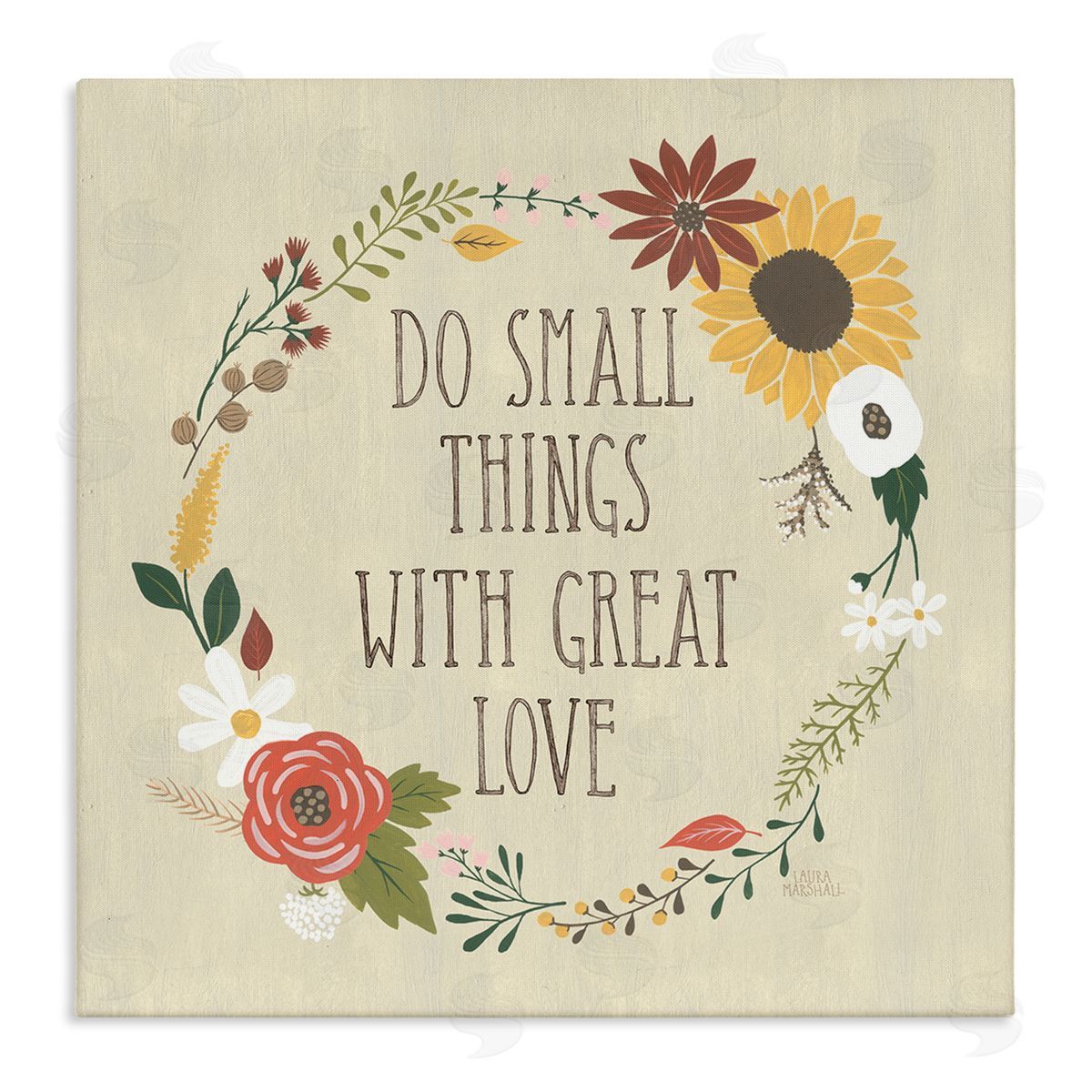 Laura Marshall With Great Love Floral Phrase Stretched Canvas Wall Art Print