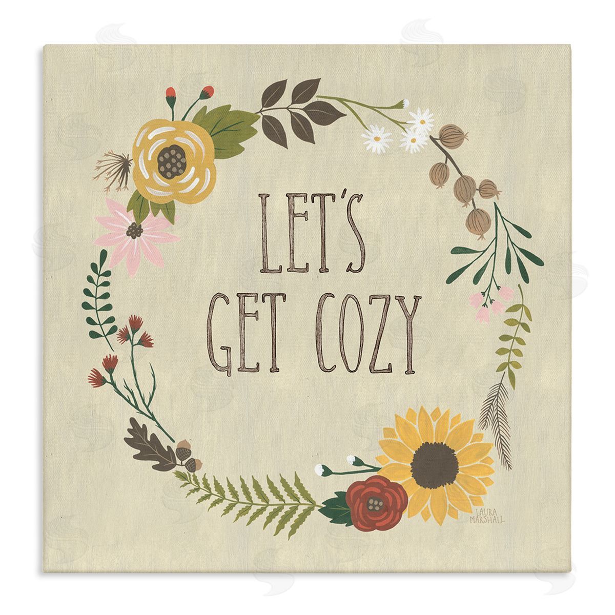 Laura Marshall Let's Get Cozy Floral Wreath Stretched Canvas Wall Art Print