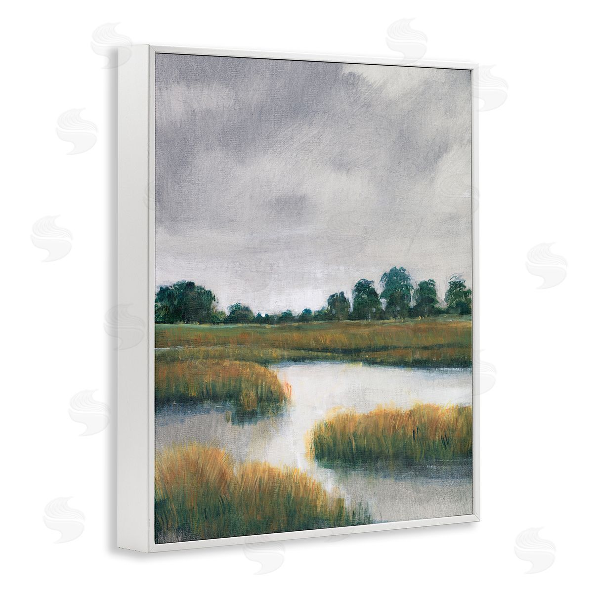 Cloudy Rural Marsh Landscape White Frame Print Wall Art, Home Decor by Tim OToole