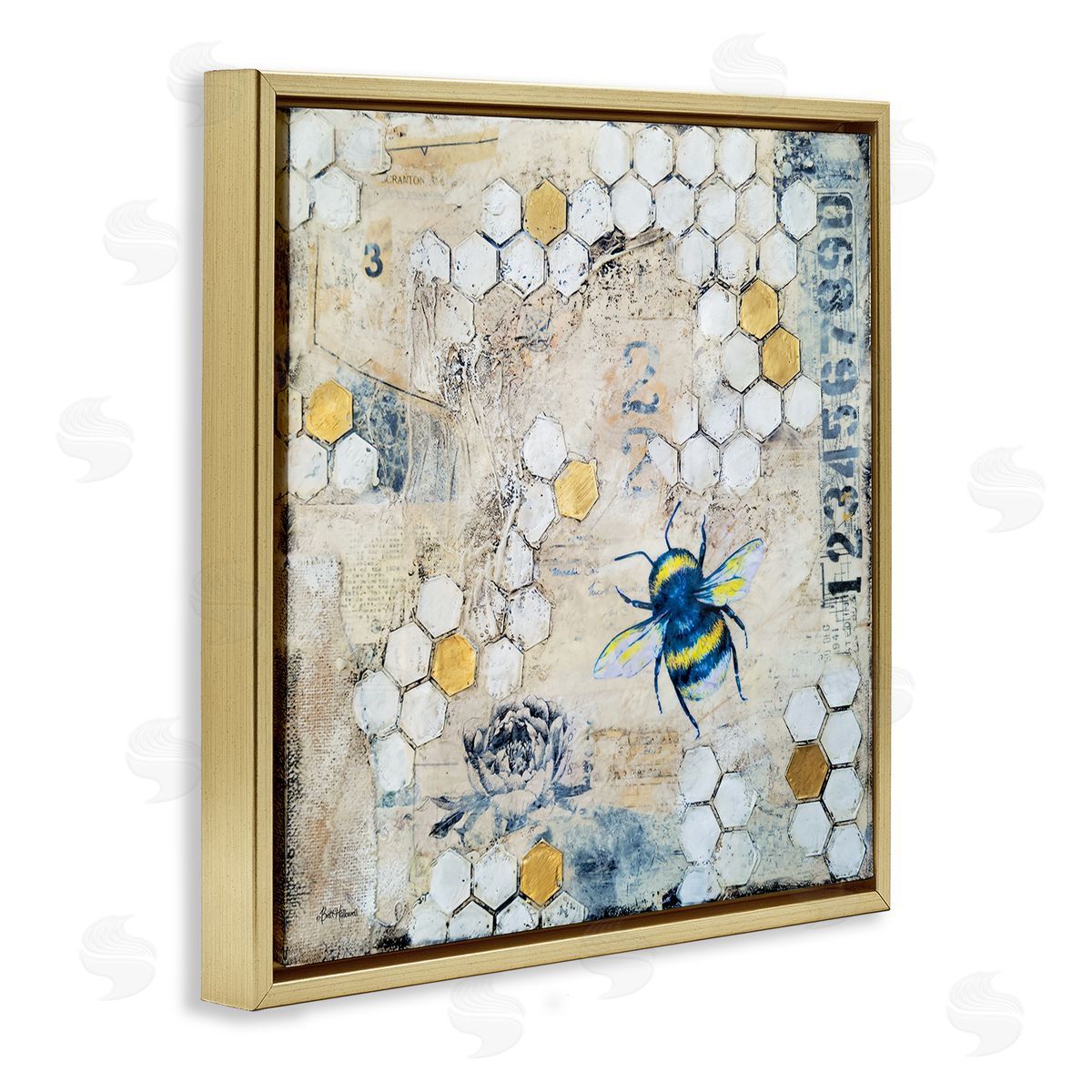 Britt Hallowell Urban Beehive Pattern Bug Collage Gold Floating Frame Canvas Wall Art Print
