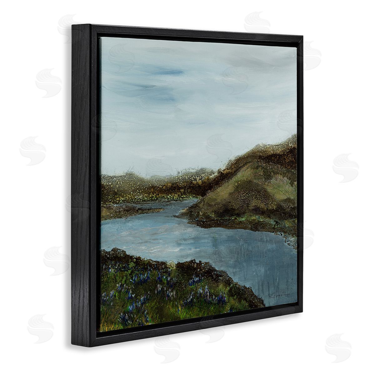 Ruth Fromstein Grassland Stream Flowing Countryside Black Floating Frame Canvas Wall Art Print