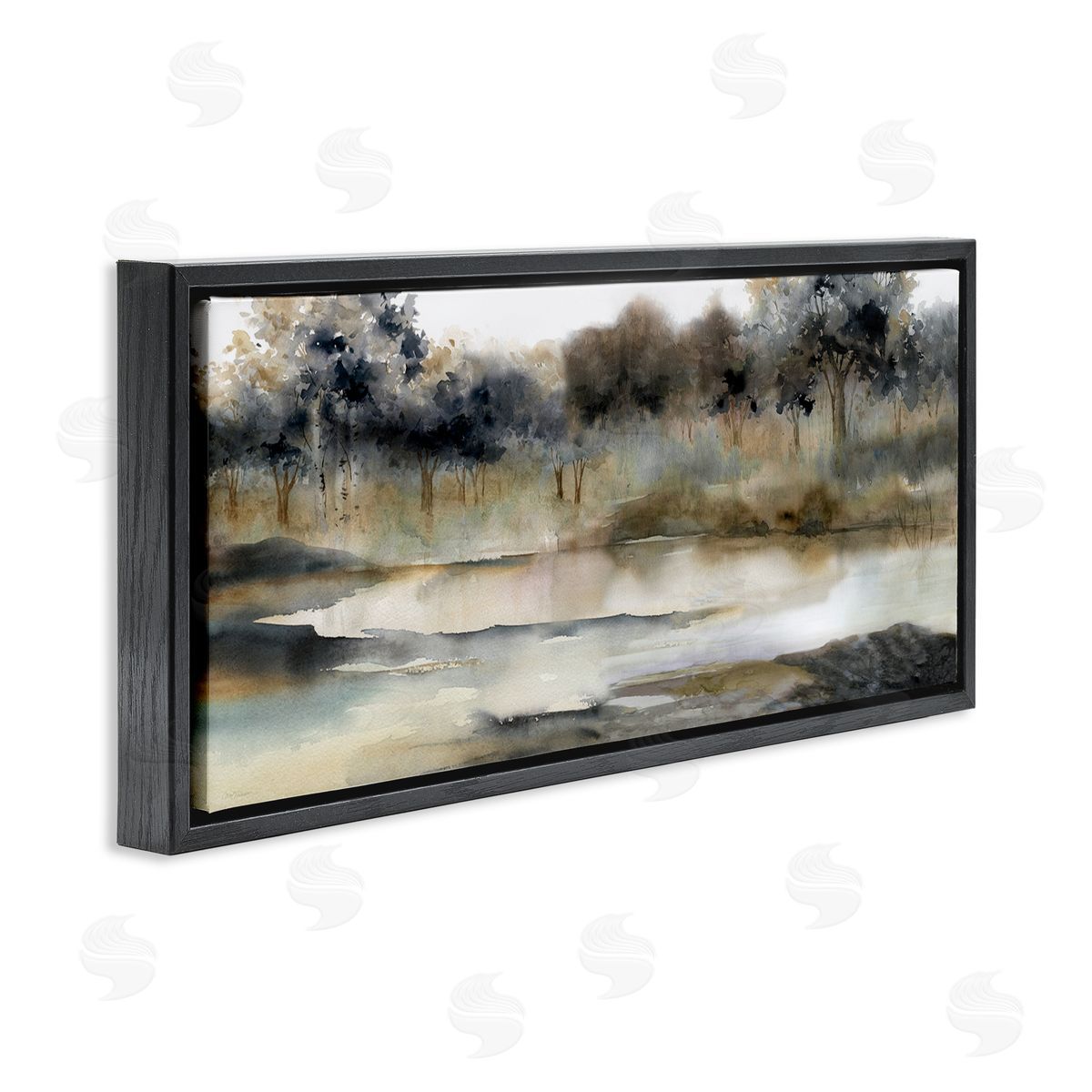 Trees By Lakeside Landscape Black Floating Frame Canvas Wall Art, Home Decor by Carol Robinson