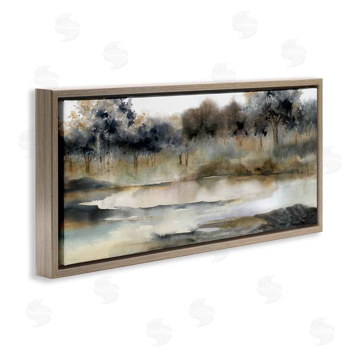 Trees By Lakeside Landscape Brown Floating Frame Canvas Wall Art, Home Decor by Carol Robinson