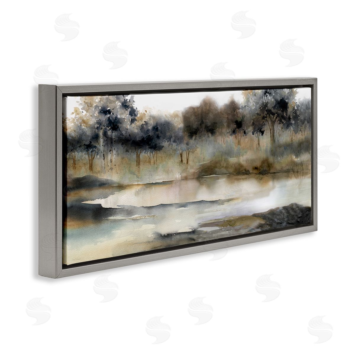 Trees By Lakeside Landscape Grey Floating Frame Canvas Wall Art, Home Decor by Carol Robinson