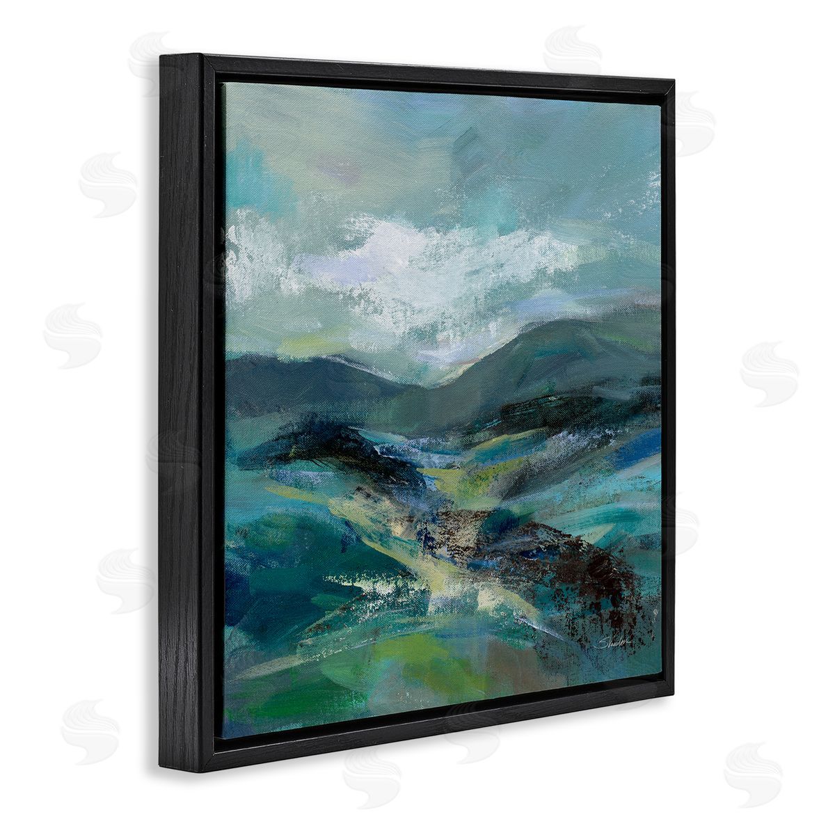 Silvia Vassileva Modern Green Mountains Landscape  Black Floating Frame Canvas Wall Art Print