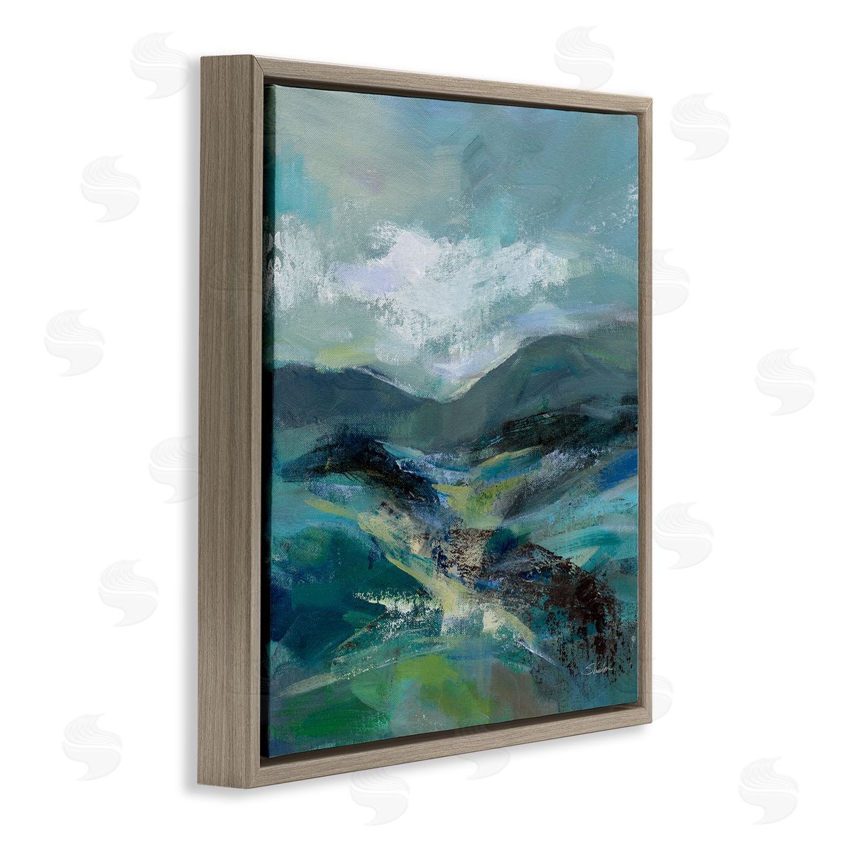 Silvia Vassileva Modern Green Mountains Landscape  Brown Floating Frame Canvas Wall Art Print