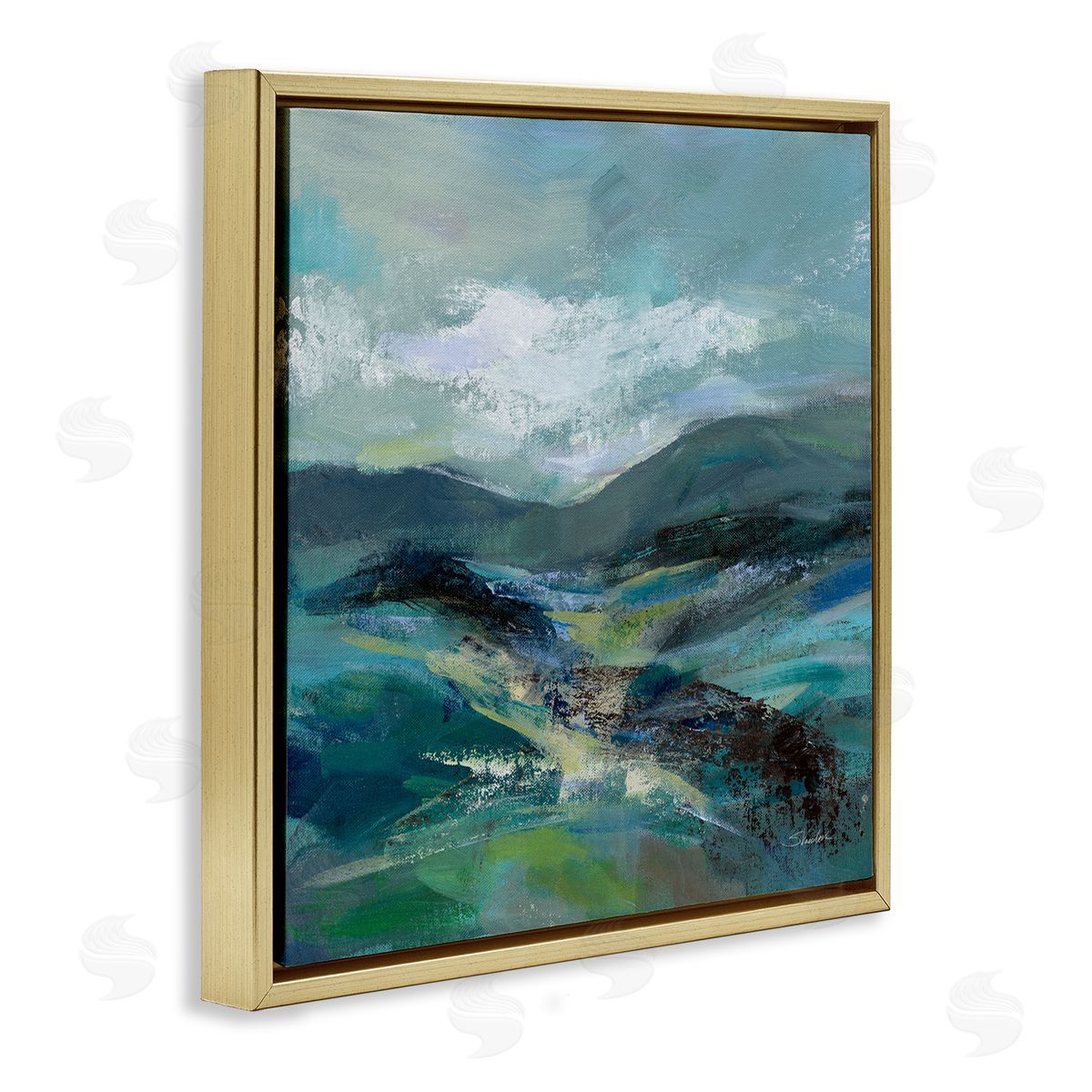 Silvia Vassileva Modern Green Mountains Landscape  Gold Floating Frame Canvas Wall Art Print