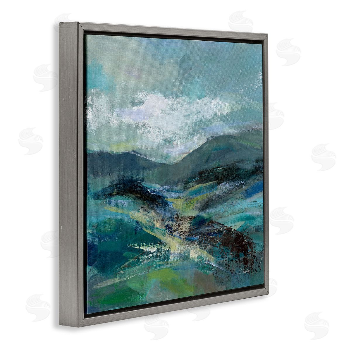Silvia Vassileva Modern Green Mountains Landscape  Gray Floating Frame Canvas Wall Art Print