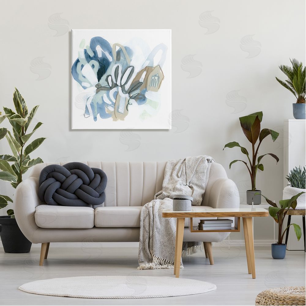 June Erica Vess Contemporary Blue Squiggle Shapes Canvas Wall Art in Room