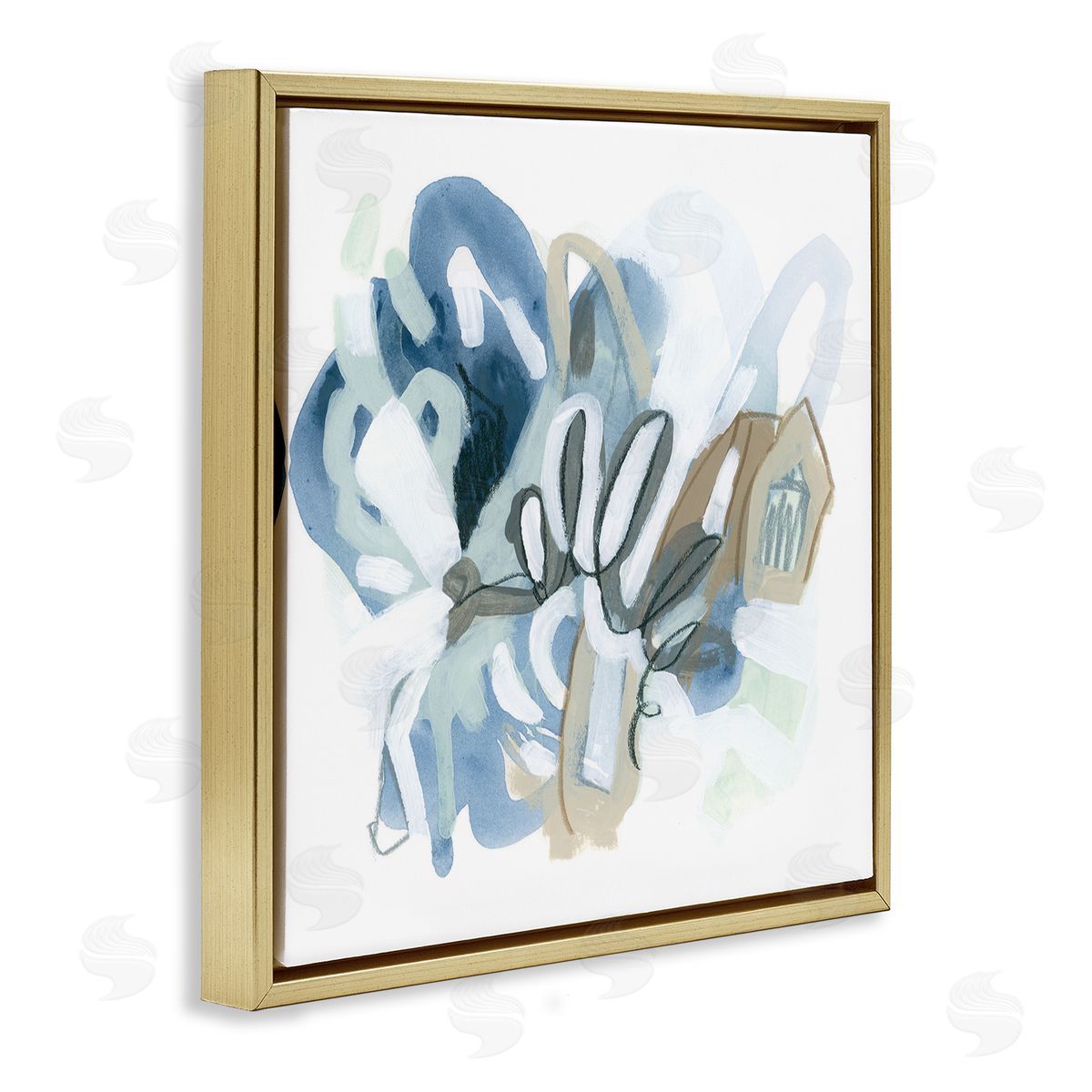 June Erica Vess Contemporary Blue Squiggle Shapes Gold Floating Frame Canvas Wall Art Print