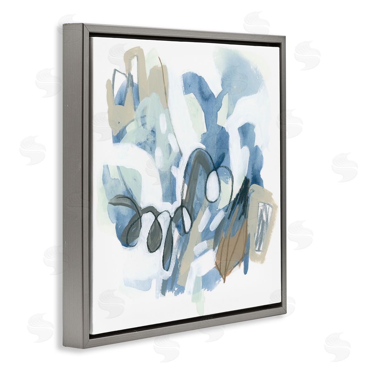 June Erica Vess Busy Blue Shapes Arrangement Gray Floating Frame Canvas Wall Art Print