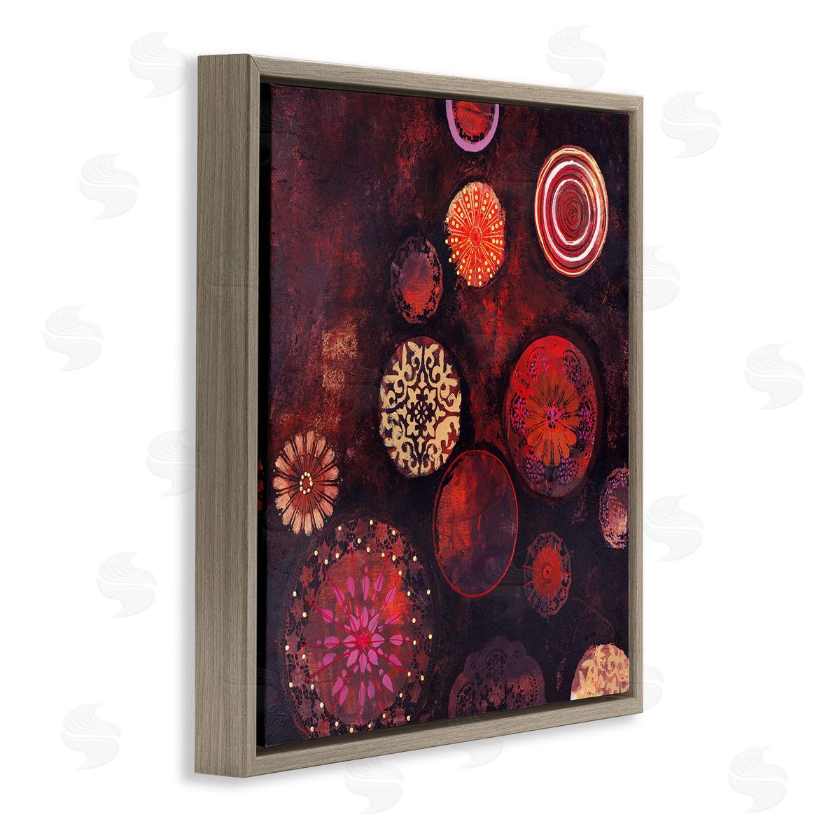 Design Fabrikken Red Circular Patterned Shapes Brown Floating Frame Canvas Wall Art Print
