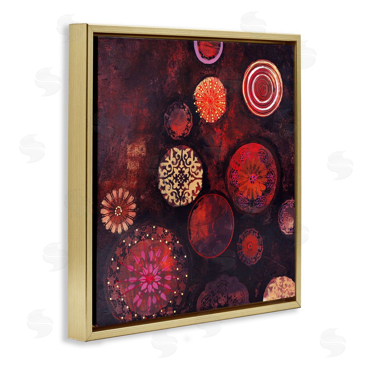 Design Fabrikken Red Circular Patterned Shapes Gold Floating Frame Canvas Wall Art Print