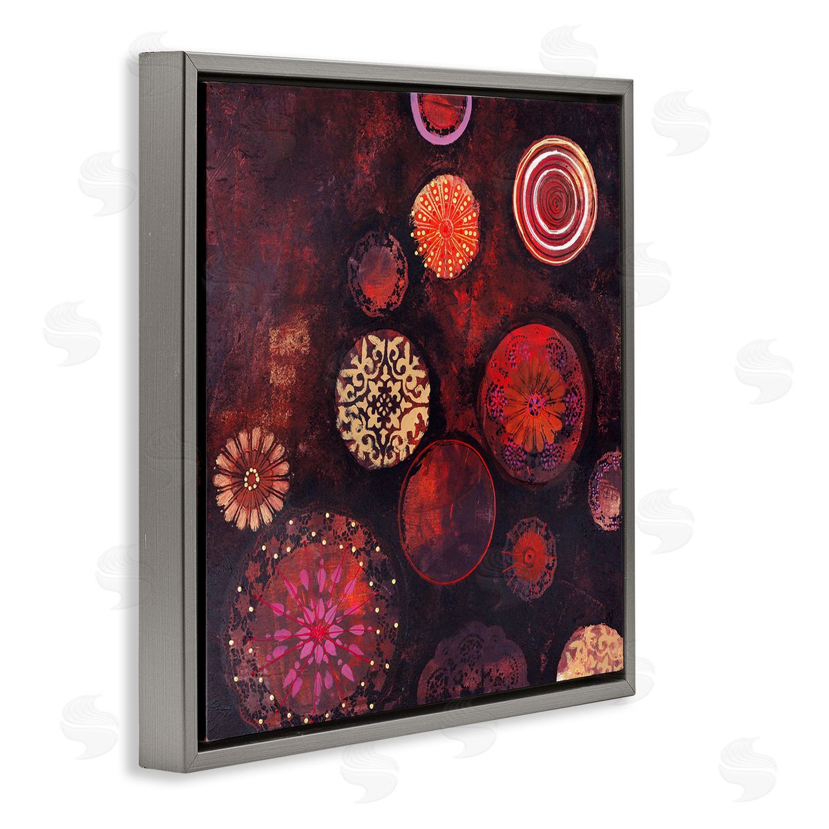Design Fabrikken Red Circular Patterned Shapes Gray Floating Frame Canvas Wall Art Print