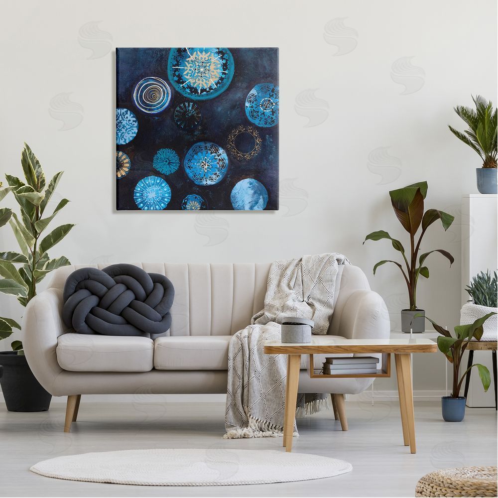 Design Fabrikken Blue Patterned Circles Arrangement Canvas Wall Art in Room
