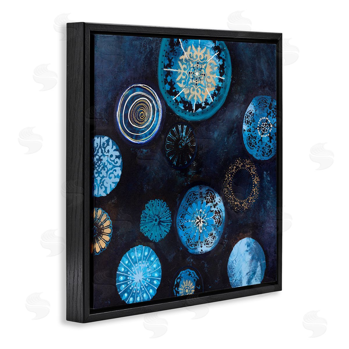 Design Fabrikken Blue Patterned Circles Arrangement Black Floating Frame Canvas Wall Art Print