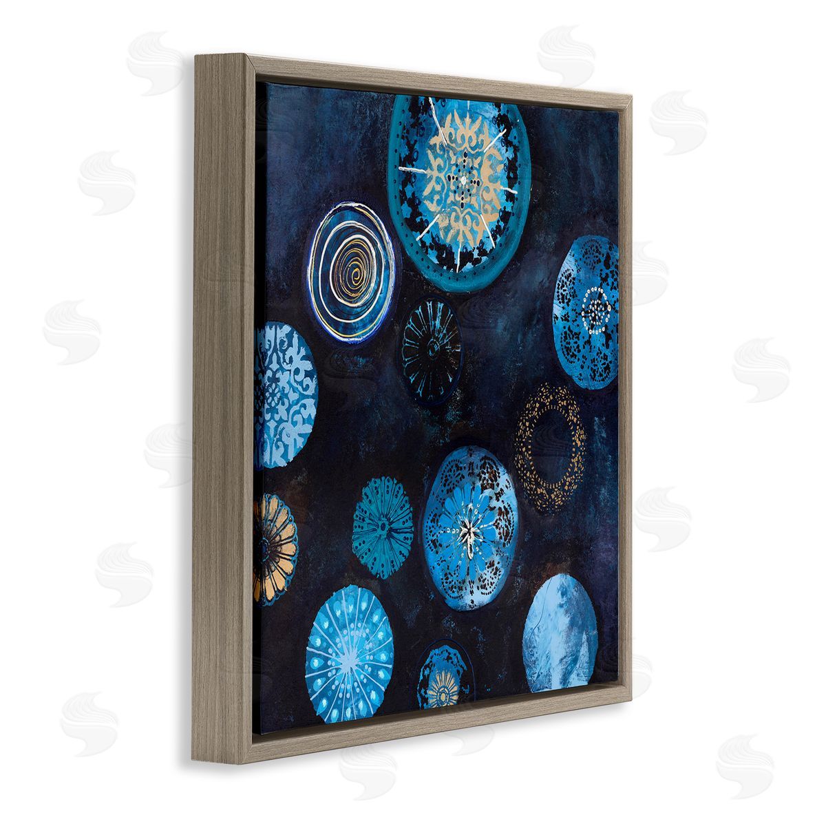 Design Fabrikken Blue Patterned Circles Arrangement Brown Floating Frame Canvas Wall Art Print