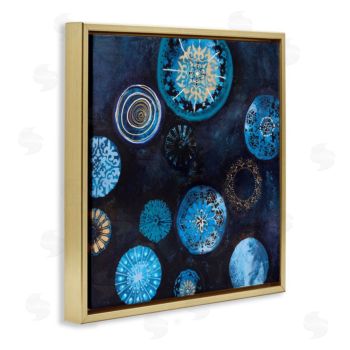 Design Fabrikken Blue Patterned Circles Arrangement Gold Floating Frame Canvas Wall Art Print
