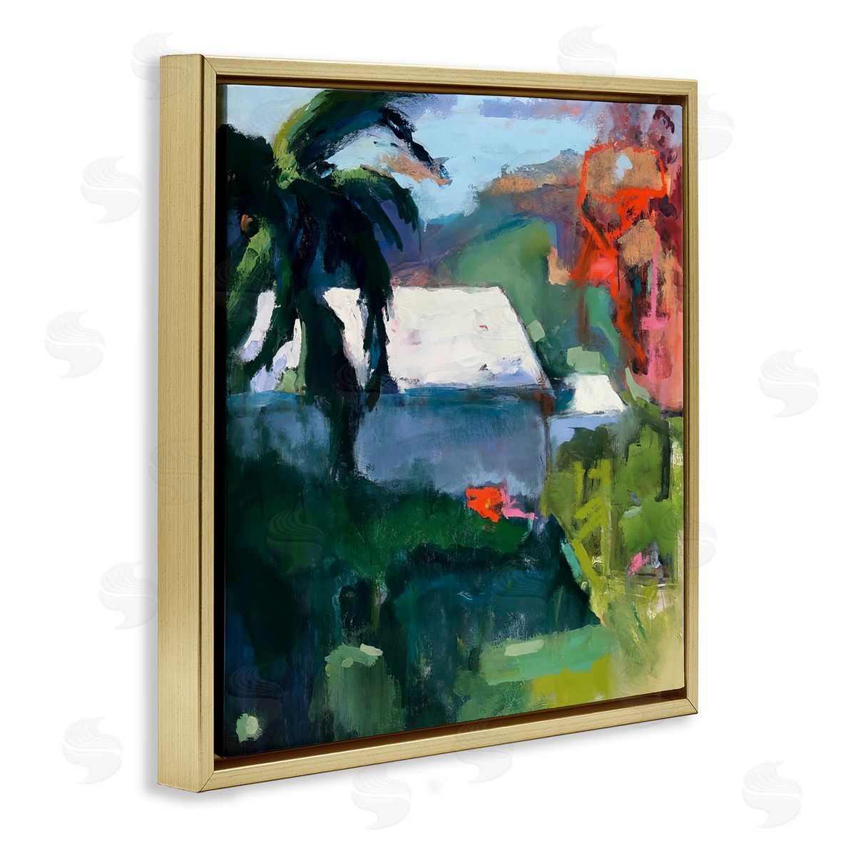 Page Pearson Railsback Modern Tropical House Scenery  Gold Floating Frame Canvas Wall Art Print