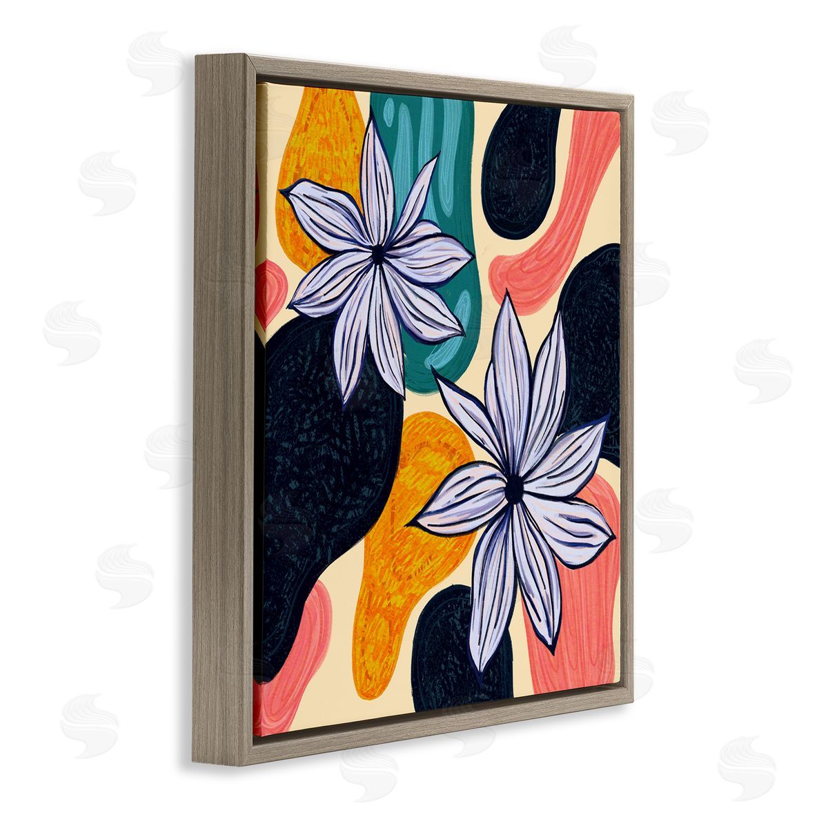 Ziwei Li Retro Floral Shapes Arrangement Brown Floating Frame Canvas Wall Art Print