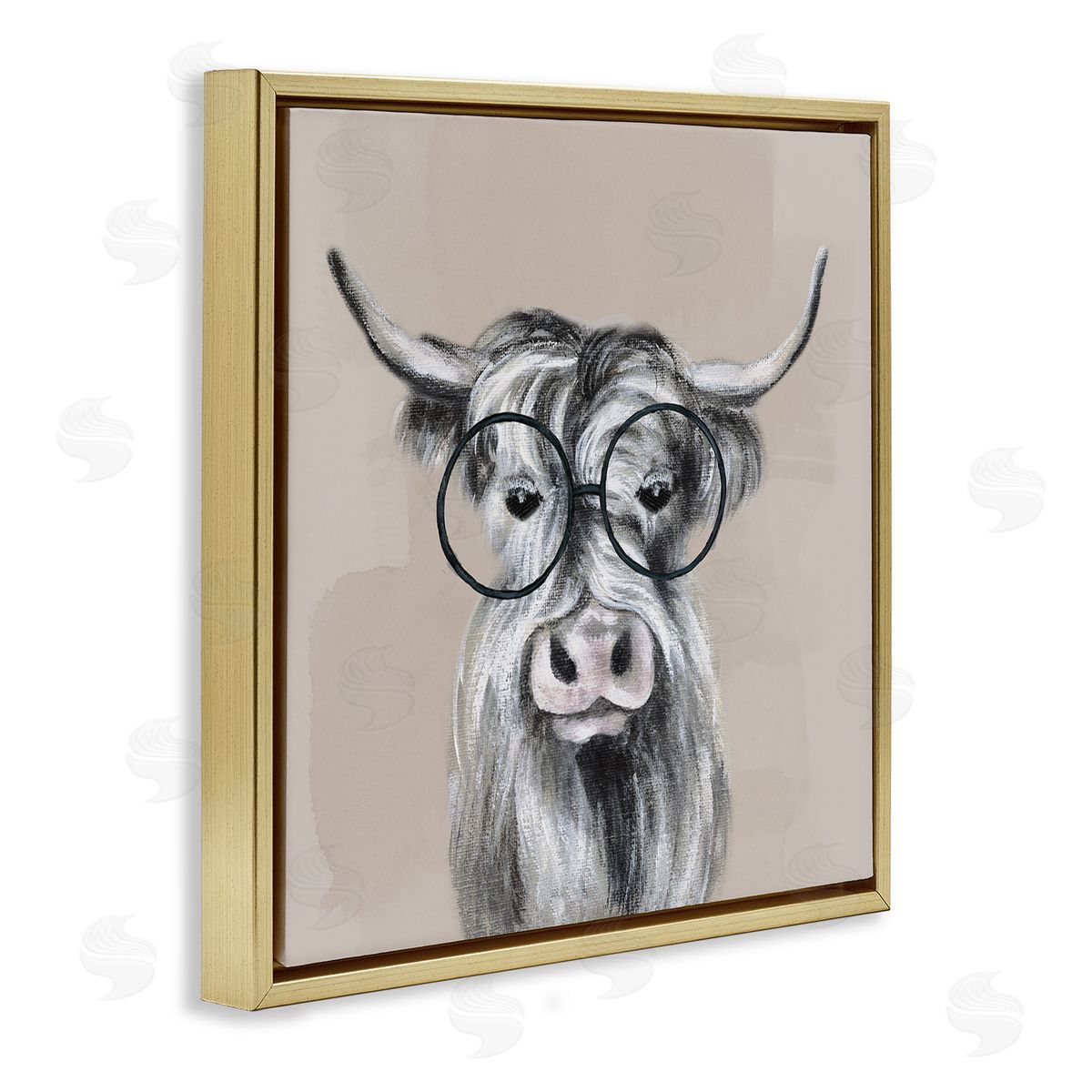 Tava Studios Longhorn Cattle Glasses Portrait Gold Floating Frame Canvas Wall Art Print