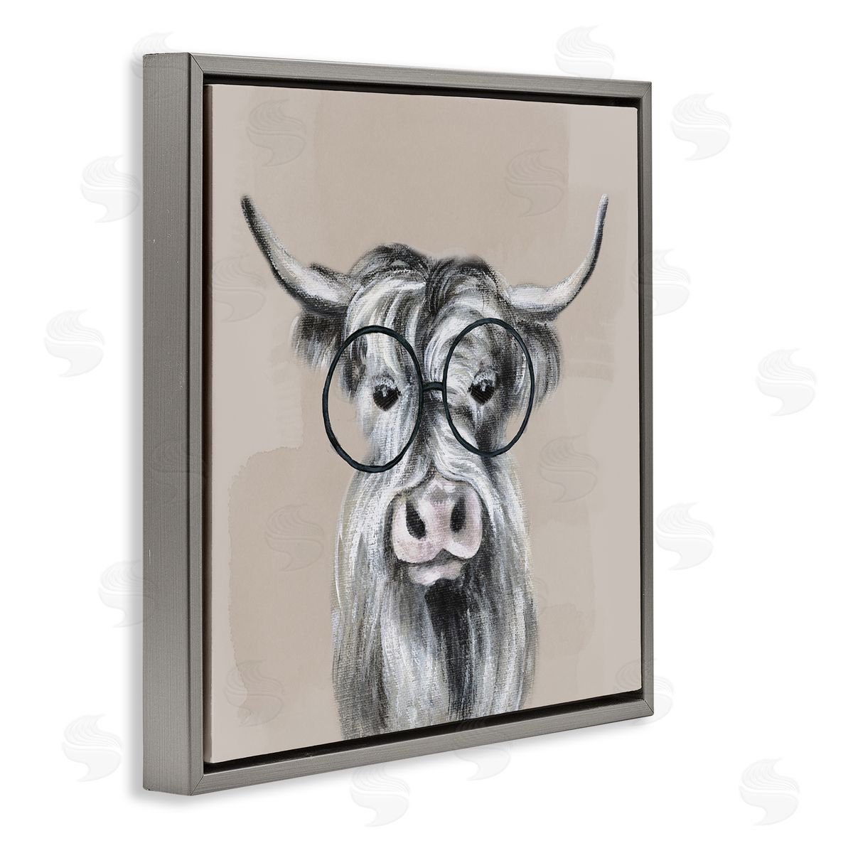 Tava Studios Longhorn Cattle Glasses Portrait Gray Floating Frame Canvas Wall Art Print