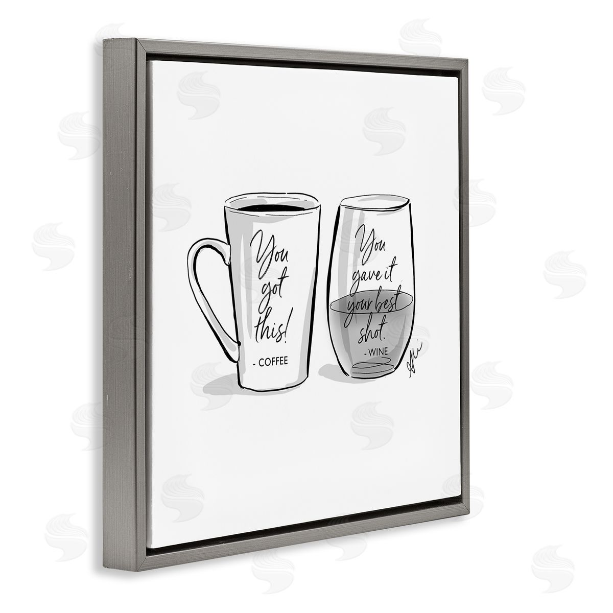 Alison Petrie Funny Coffee & Wine Phrase Gray Floating Frame Canvas Wall Art Print