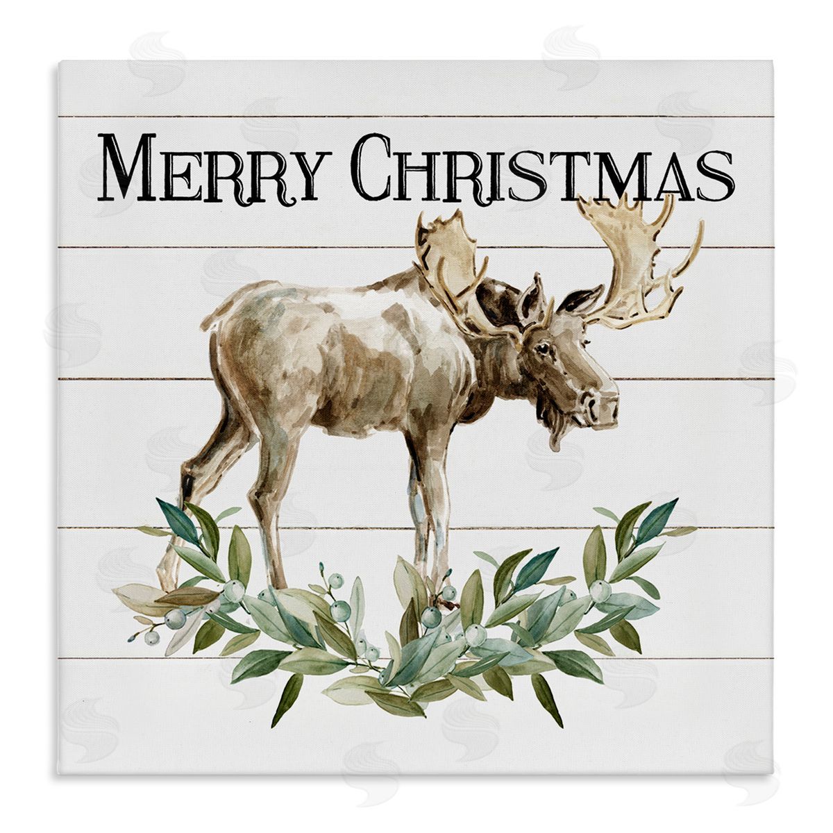 Carol Robinson Merry Christmas Moose Laurel  Stretched Canvas Wall Art Print