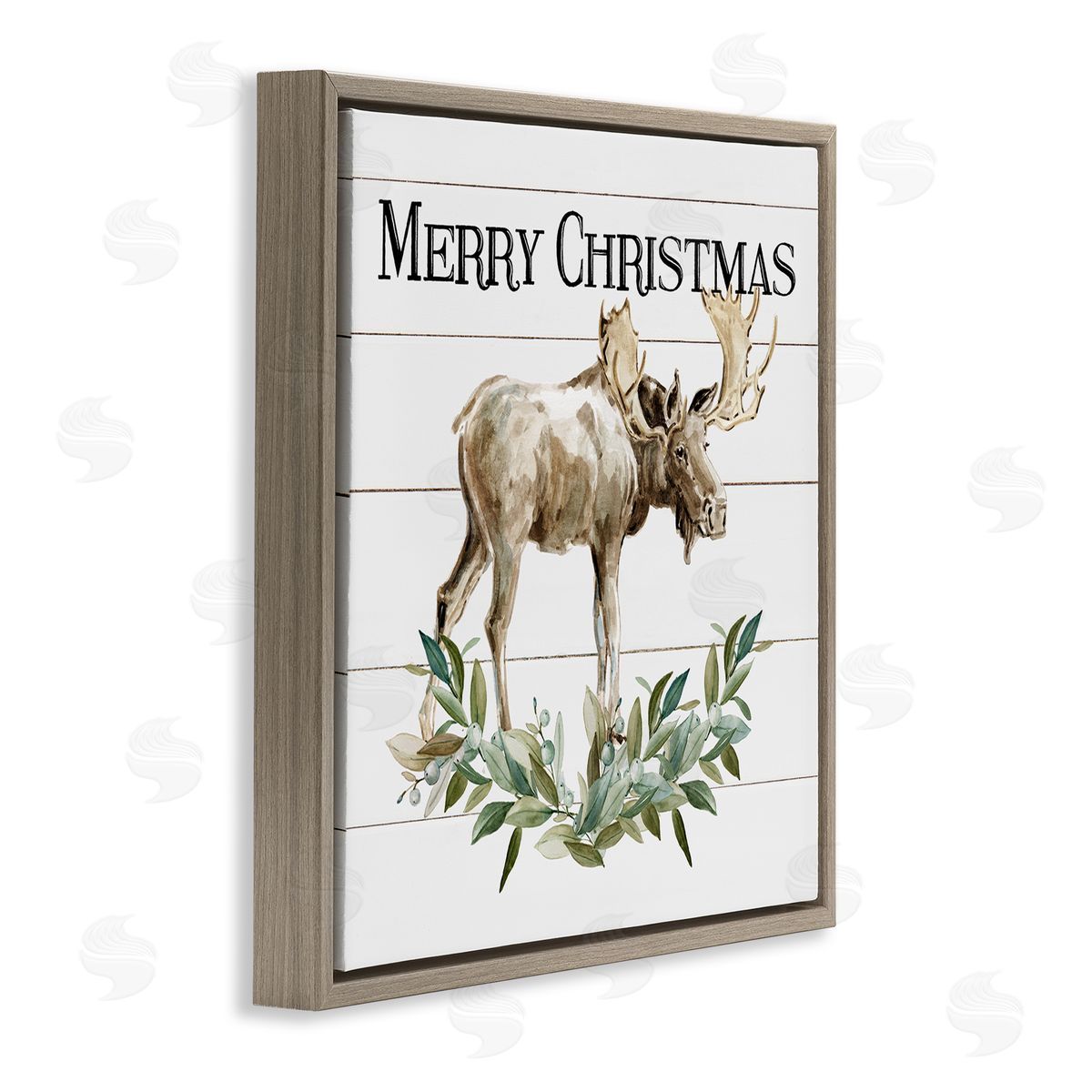 Carol Robinson Merry Christmas Moose Laurel  Brown Floating Frame Canvas Wall Art Print
