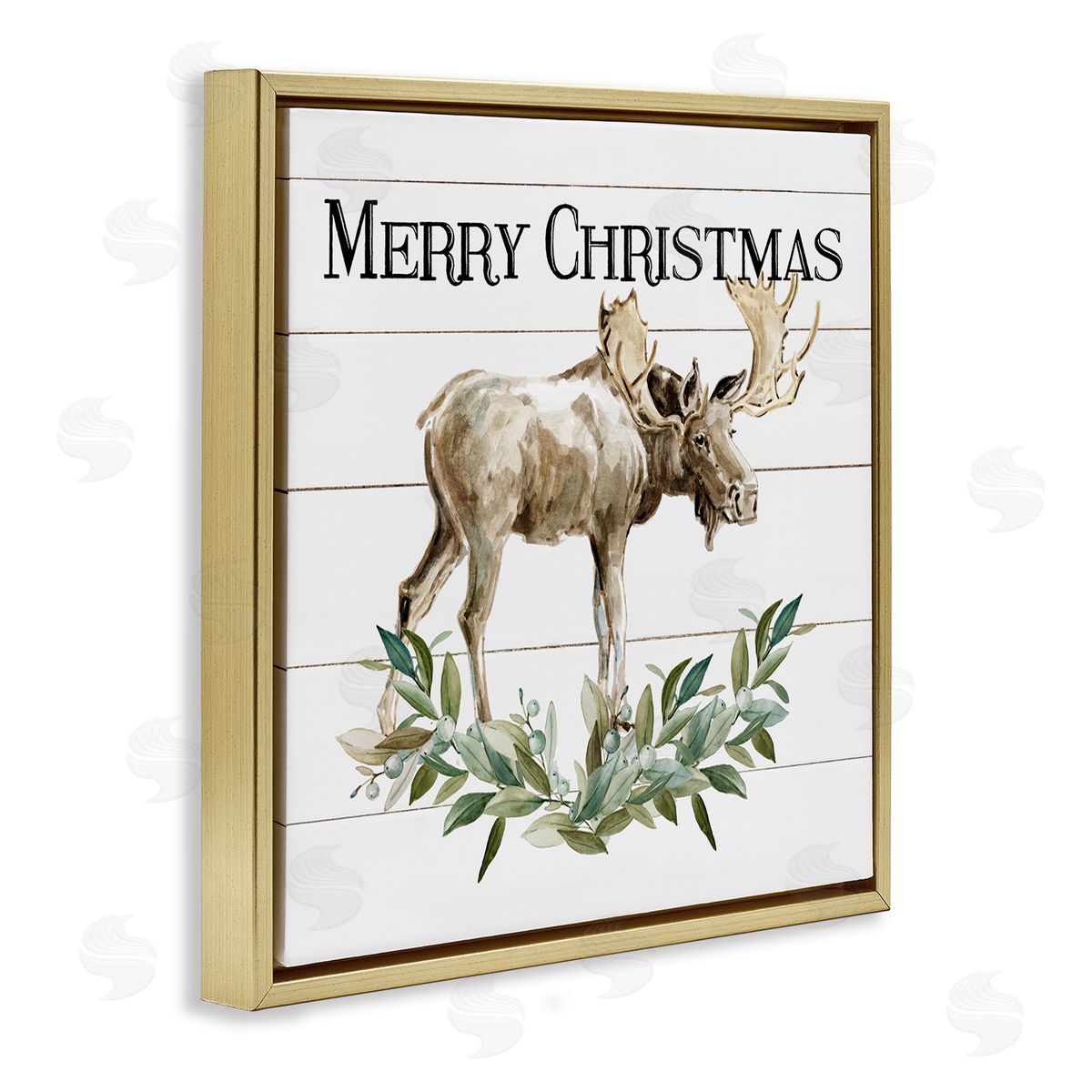 Carol Robinson Merry Christmas Moose Laurel  Gold Floating Frame Canvas Wall Art Print