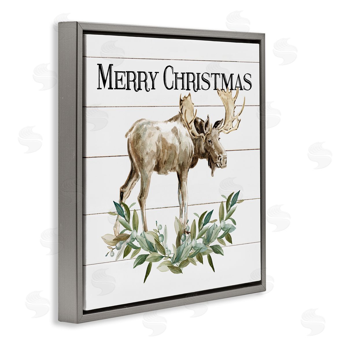 Carol Robinson Merry Christmas Moose Laurel  Gray Floating Frame Canvas Wall Art Print