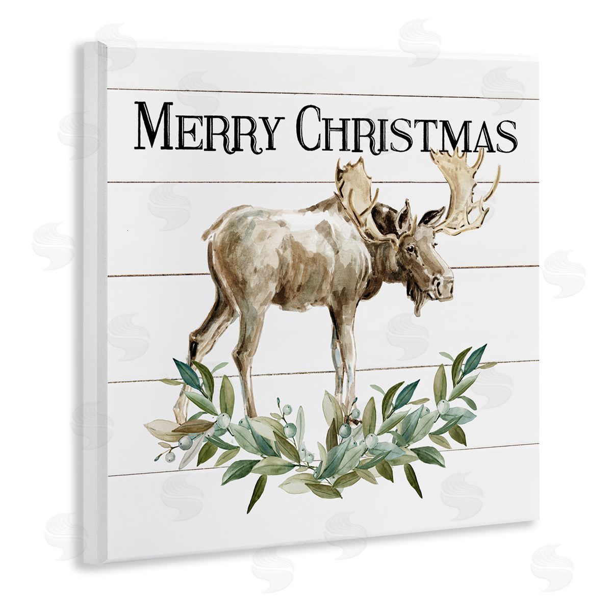 Carol Robinson Merry Christmas Moose Laurel  Wooden Wall Plaque Art Print
