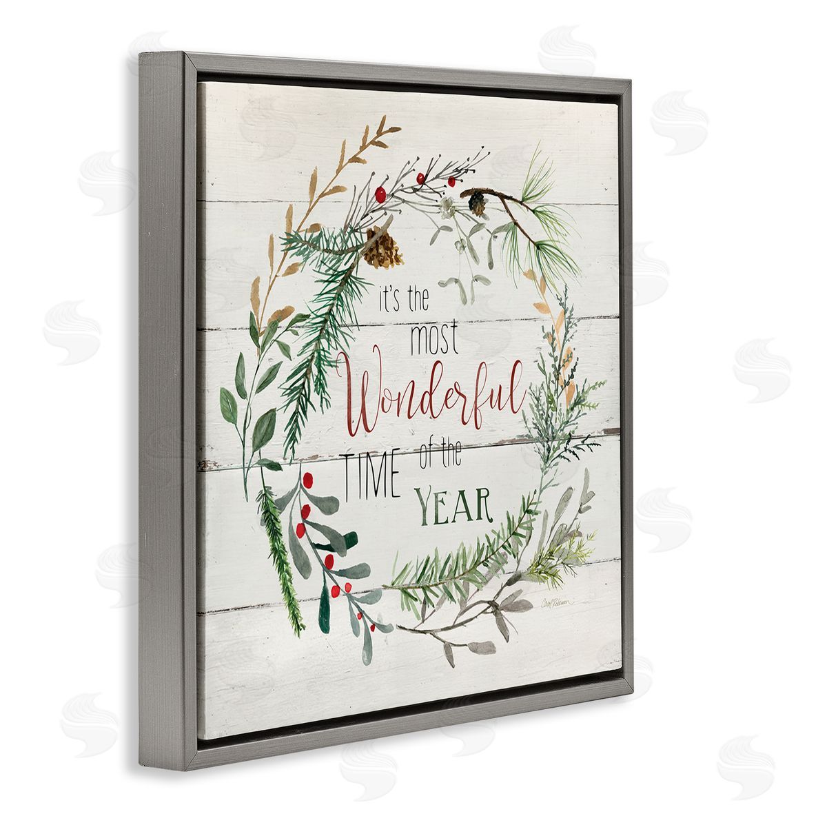 Carol Robinson Most Wonderful Time of Year Wreath Gray Floating Frame Canvas Wall Art Print