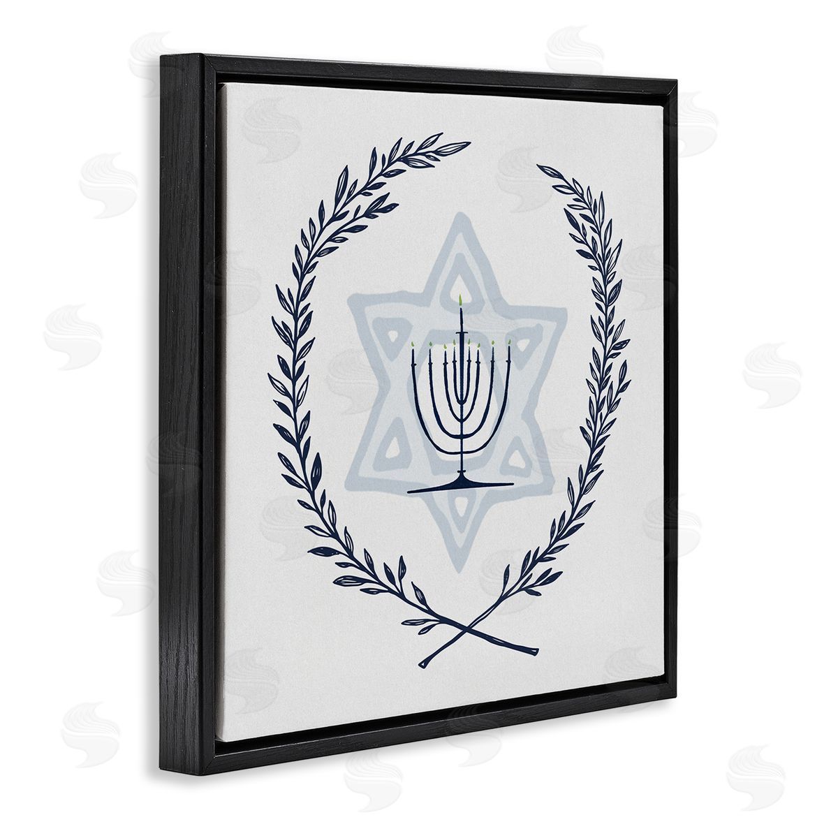 Susan Jill Hanukkah Menorah Botanical Laurel  Black Floating Frame Canvas Wall Art Print