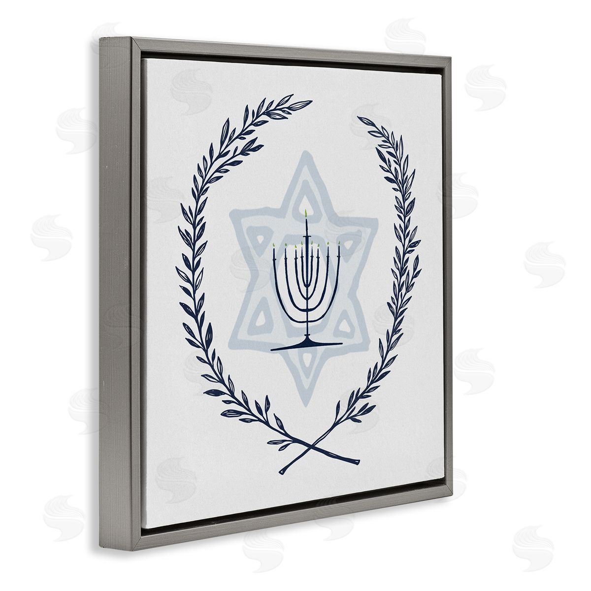 Susan Jill Hanukkah Menorah Botanical Laurel  Gray Floating Frame Canvas Wall Art Print