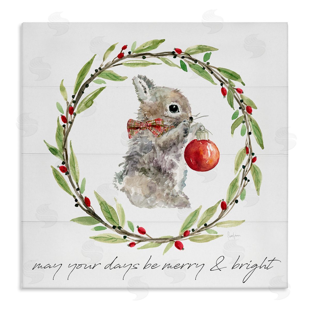 Livi Finn Merry & Bright Bunny Wreath Stretched Canvas Wall Art Print