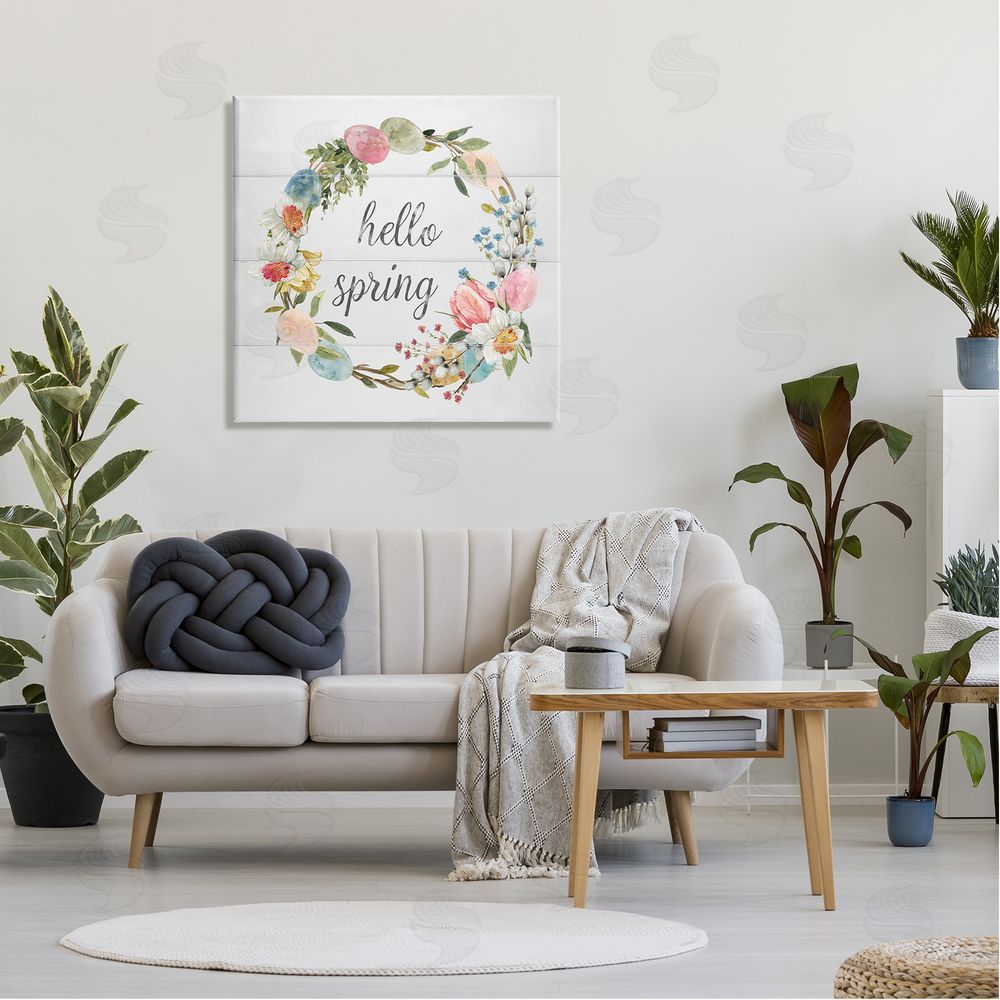 Livi Finn Hello Spring Floral Egg Wreath Canvas Wall Art in Room