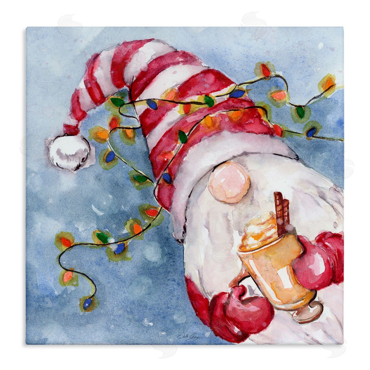 Stella Chang Santa Gnome Holiday Lights Stretched Canvas Wall Art Print