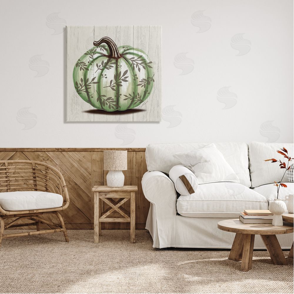 Elizabeth Tyndall Green Autumn Pumpkin Patterned Canvas Wall Art in Room