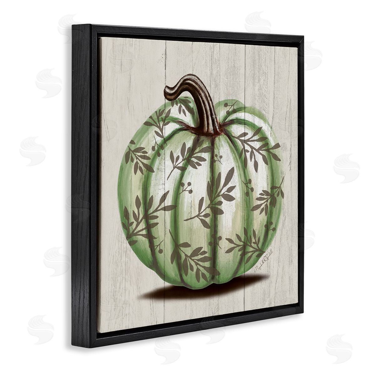 Elizabeth Tyndall Green Autumn Pumpkin Patterned Black Floating Frame Canvas Wall Art Print