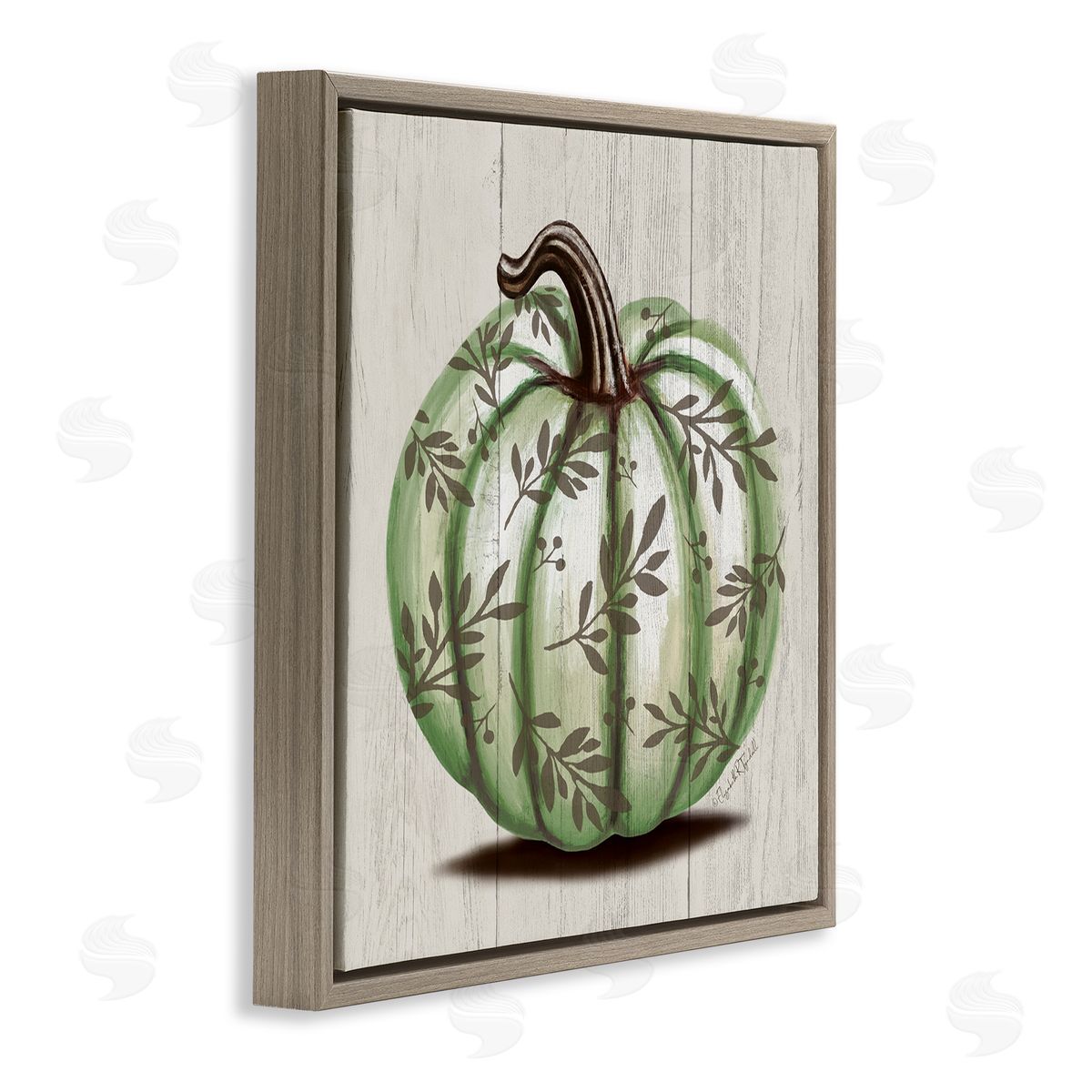 Elizabeth Tyndall Green Autumn Pumpkin Patterned Brown Floating Frame Canvas Wall Art Print