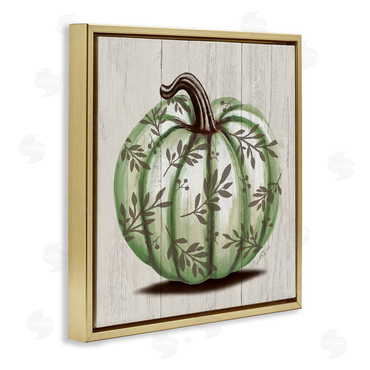 Elizabeth Tyndall Green Autumn Pumpkin Patterned Gold Floating Frame Canvas Wall Art Print