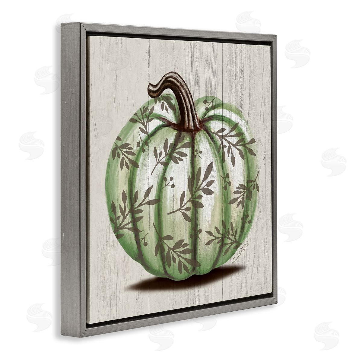 Elizabeth Tyndall Green Autumn Pumpkin Patterned Gray Floating Frame Canvas Wall Art Print